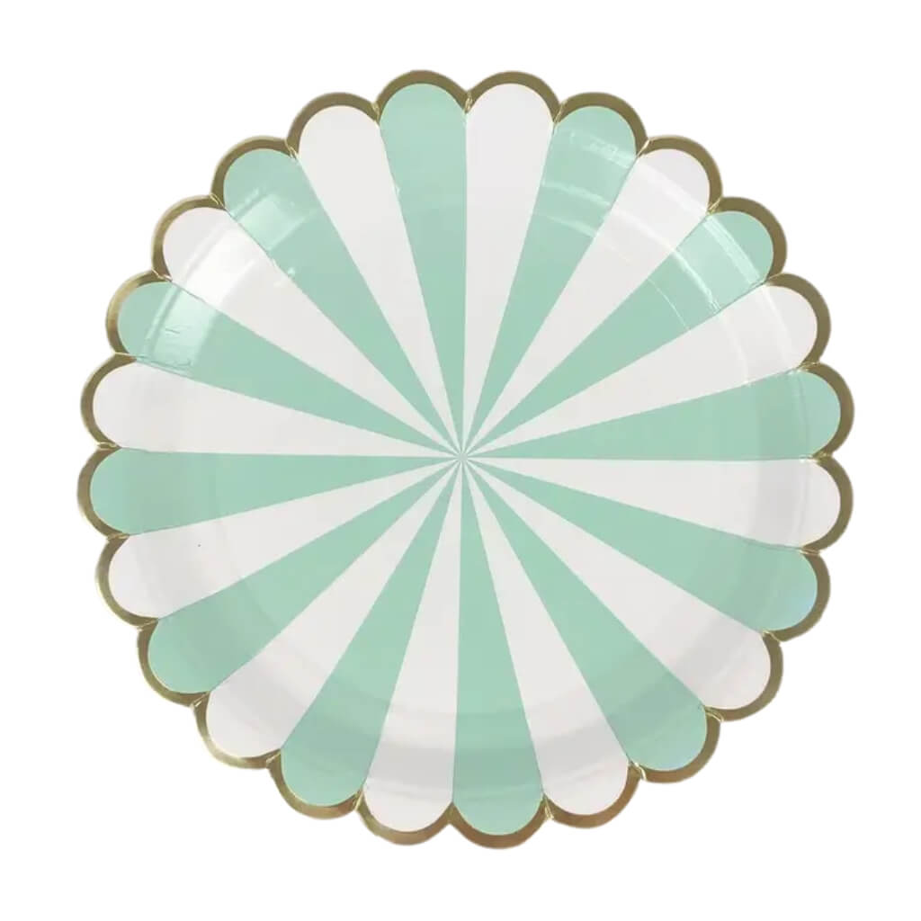 Mint Green & White Scalloped Paper Plates with Gold Trim 10pk 9inch large