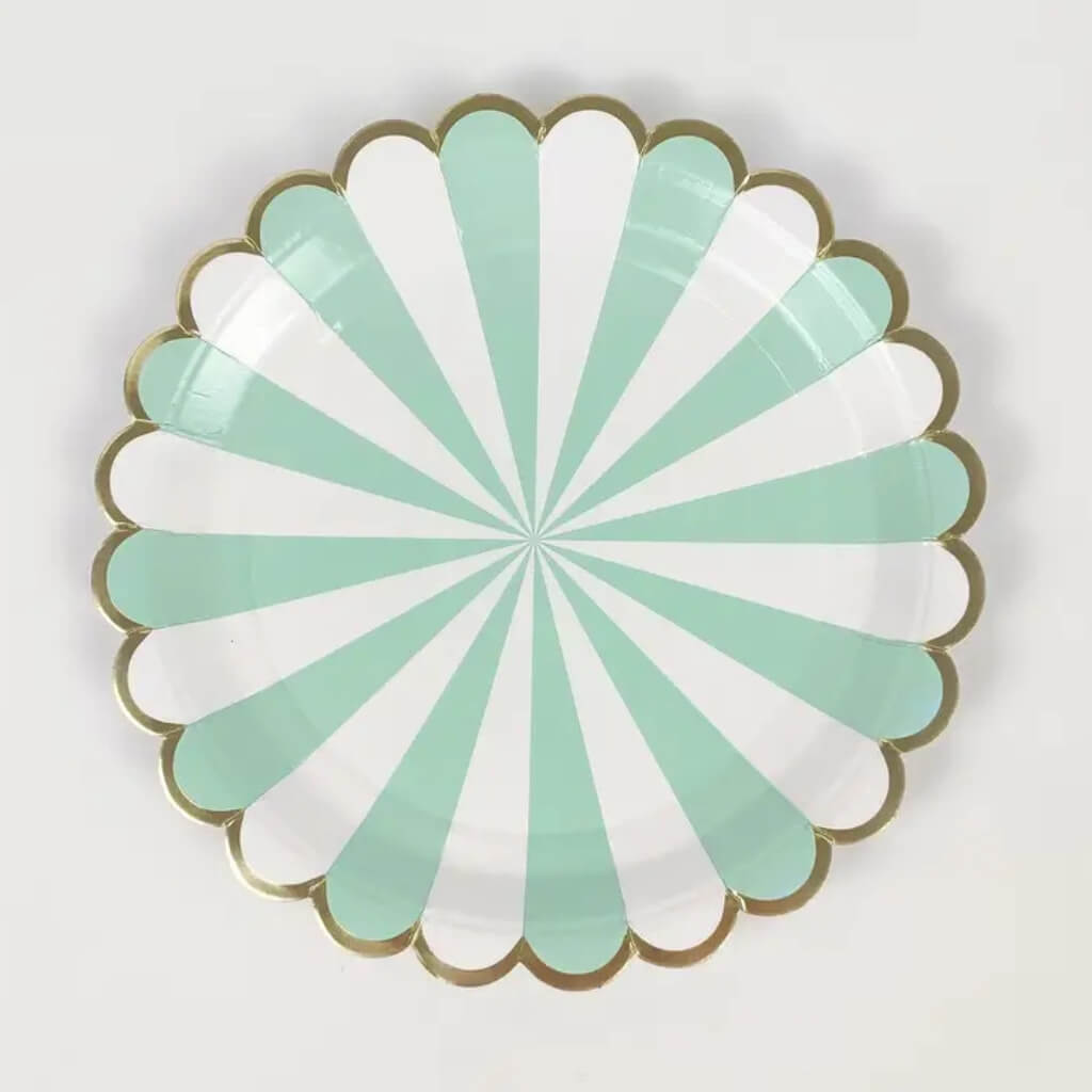 Mint Green & White Scalloped Paper Plates with Gold Trim 10pk 9inch large