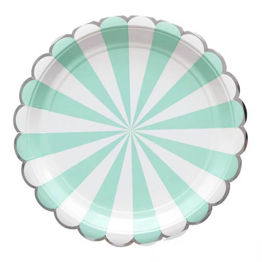 Pack of 10 Mint Green & White  striped Scalloped Paper Plates with Silver Trim edging