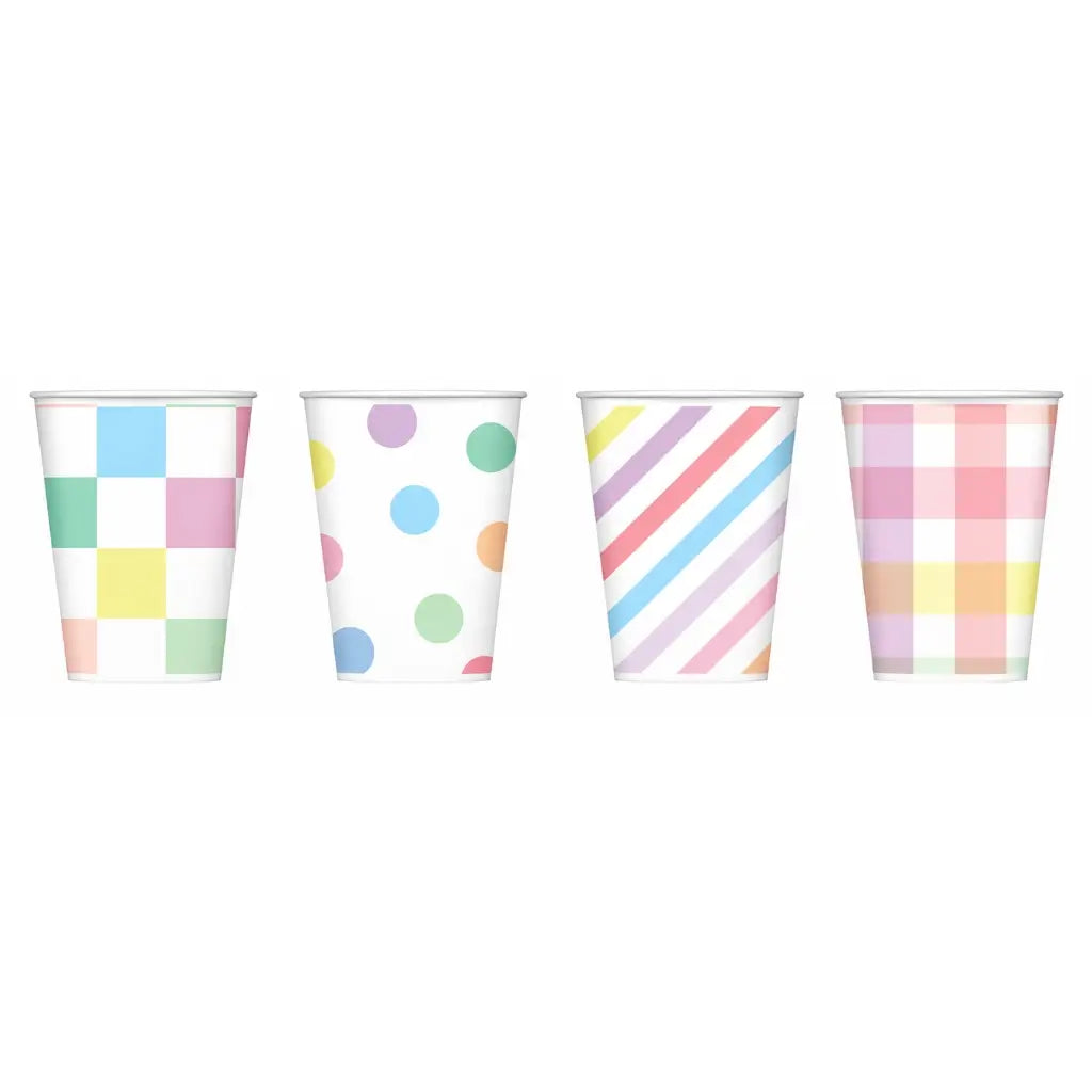 Eight pastel pattern paper cup sleeves for disposable party cups