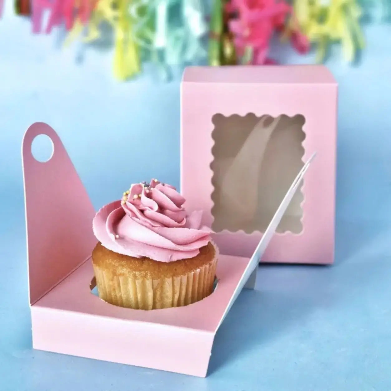 Cake Craft pink single cupcake box with clear window and insert