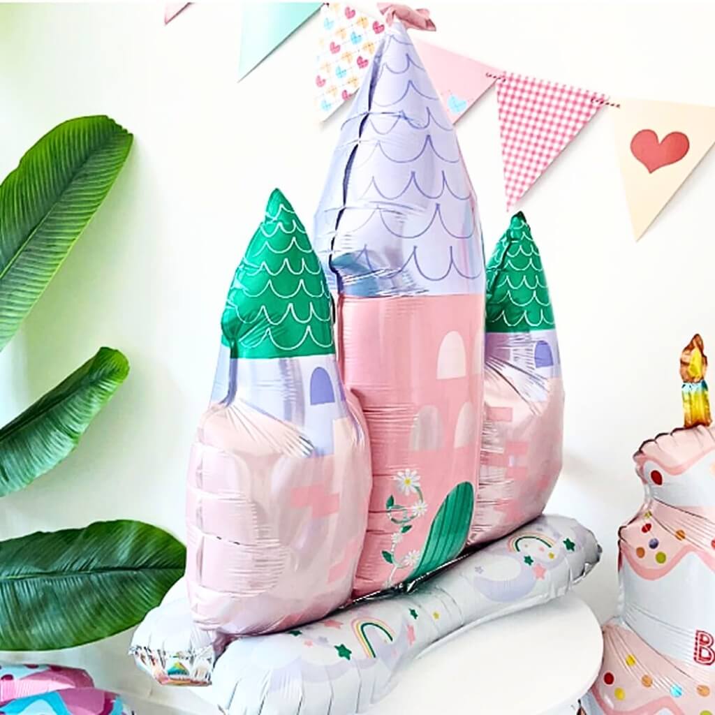 Pastel pink and purple castle shaped foil balloon 34 inch for princess parties