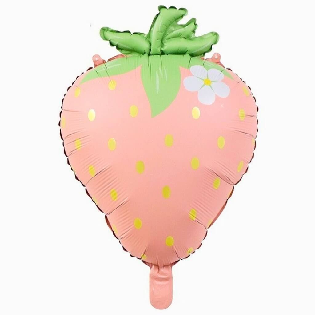 pastel pink Strawberry-shaped balloon with green leaves and a white flower on a white background