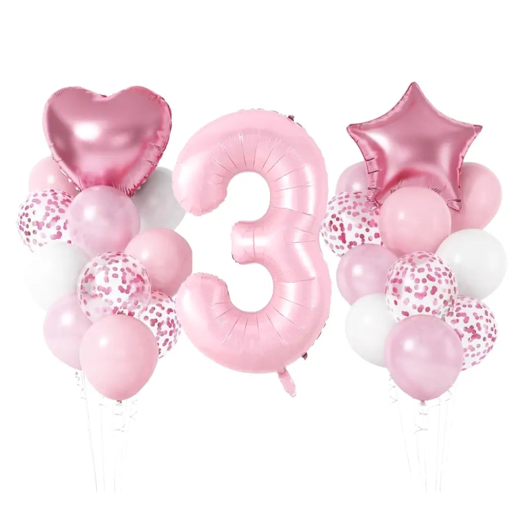 Pastel Pink Birthday Balloon Bundle with heart star 23pk number 3