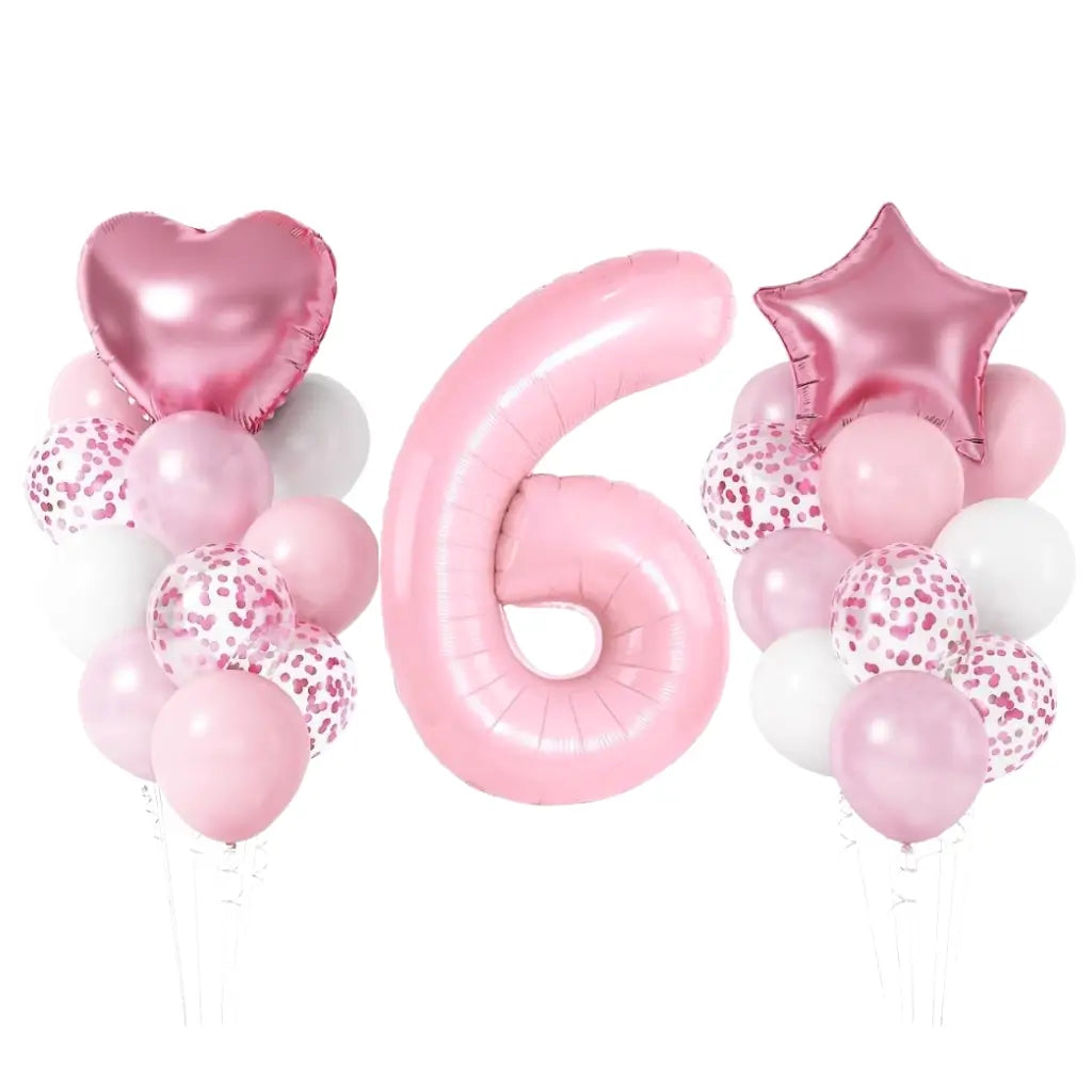 Pastel Pink Birthday Balloon Bundle with heart star 23pk number 6