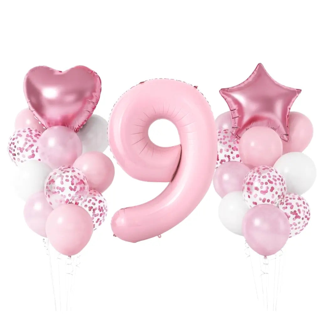 Pastel Pink Birthday Balloon Bundle with heart star 23pk number 9