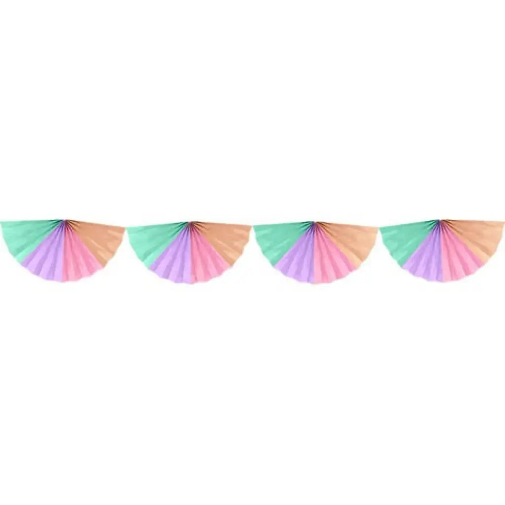 Pink lilac mint and peach paper fans joined as a party garland