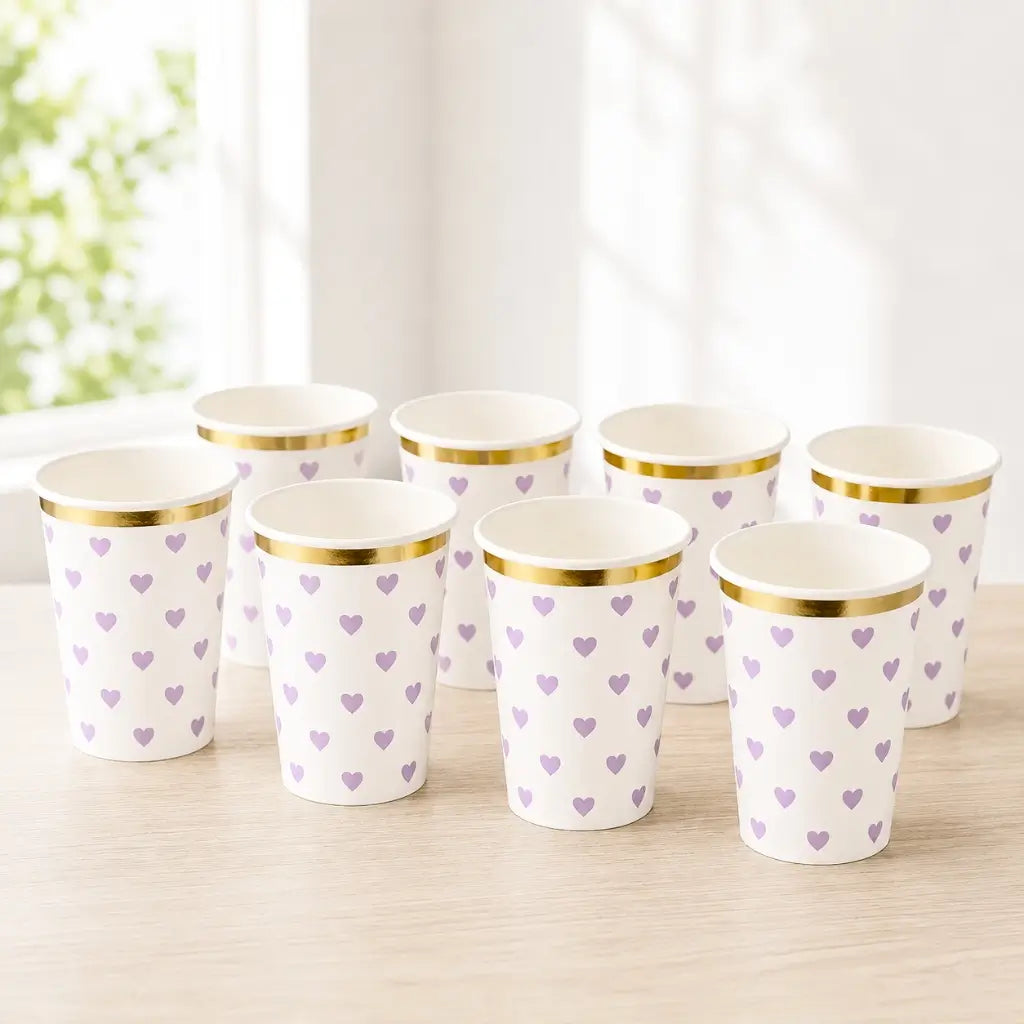Pastel Purple Heart Paper Cups Gold Rim 266ml 8pk