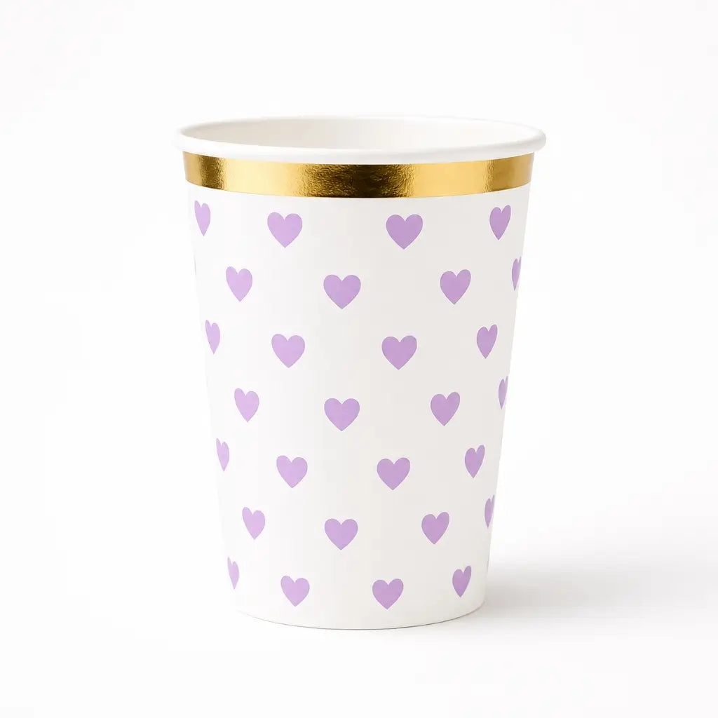 Pastel purple heart paper cups with gold foil rim