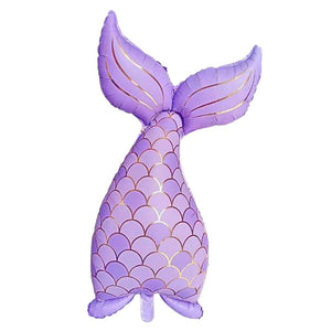 Large pastel purple mermaid tail balloon used as a feature decoration for kids mermaid party or baby shower