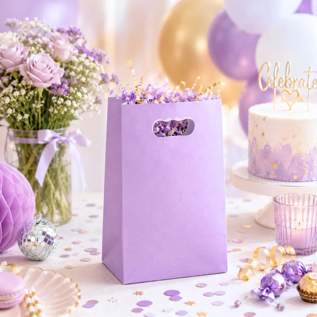 Lilac party favour bags for baby showers and celebrations