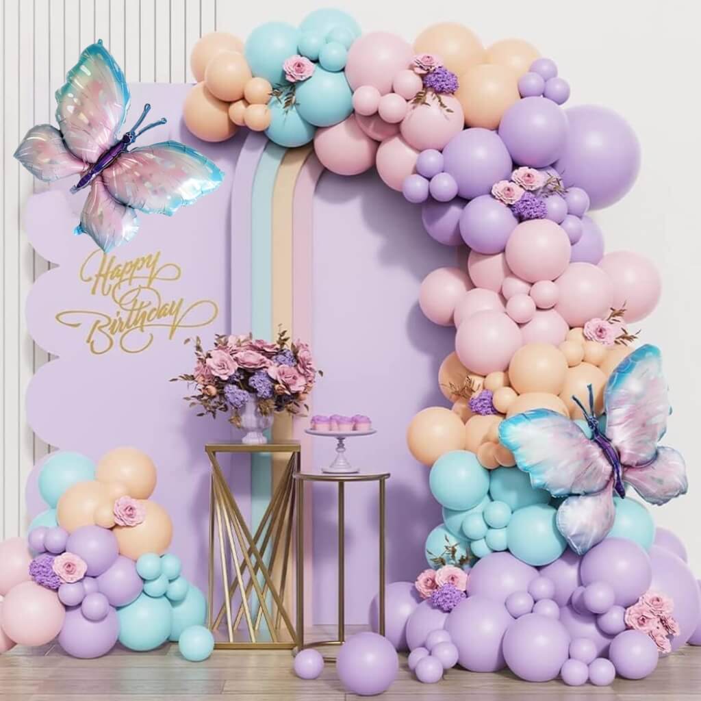 Pack of 140 Purple, Pink, Tiffany, Retro Apricot & Butterfly Balloon Garland DIY Kit Party Centrepiece Decorations.