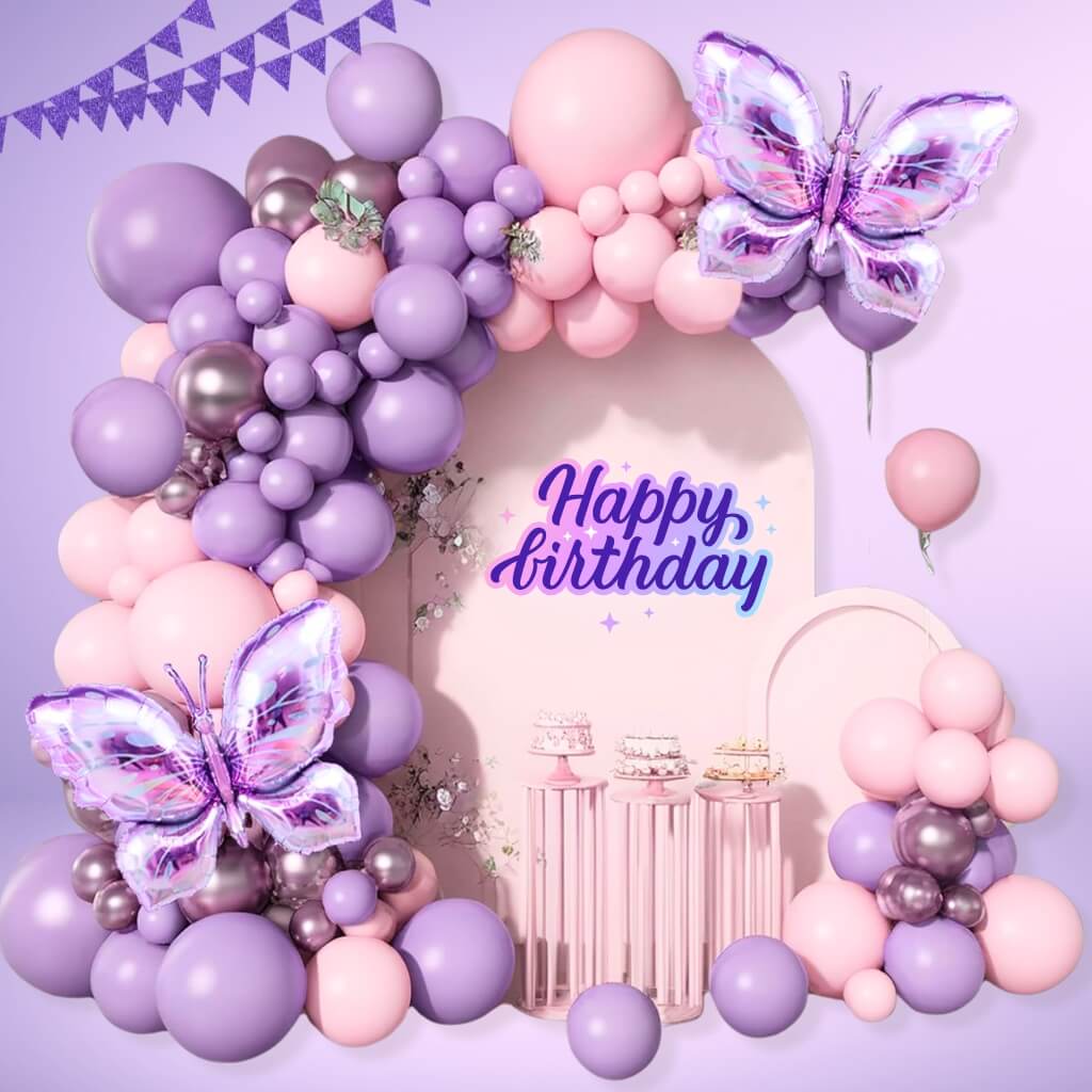 Pastel Purple & Pink Butterfly Balloon Garland DIY Kit 124pk