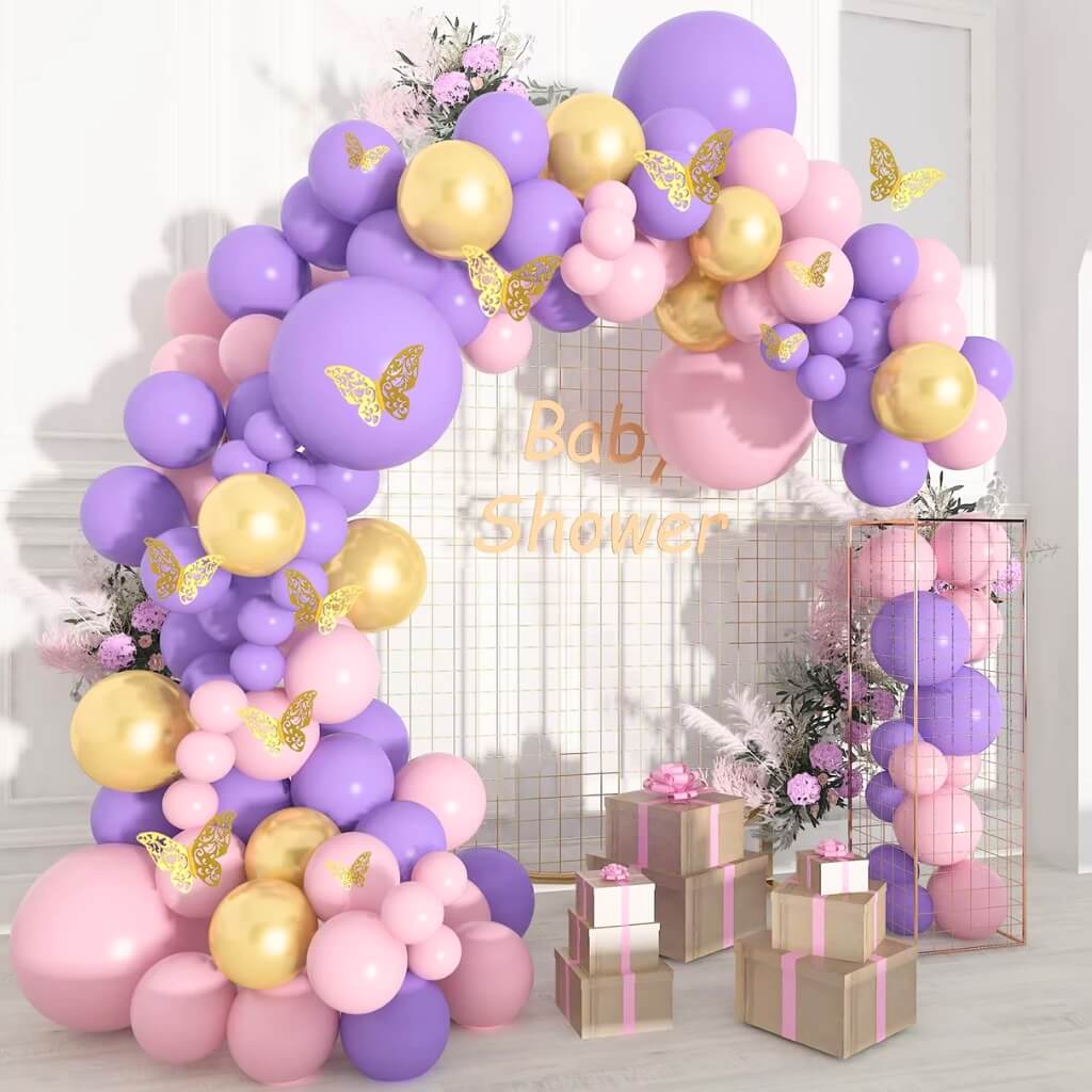 Pack of 125 Pastel Purple, Pink & Gold Butterfly Balloon Garland DIY Kit Party Centrepiece Decorations.