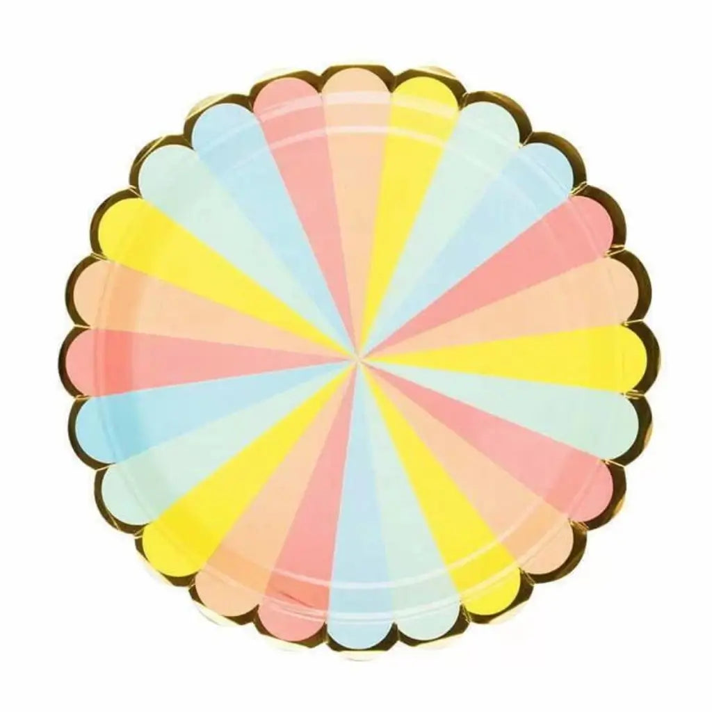 Pastel Rainbow Candy Stripe gold edging Large Paper Plates 23cm 8pk