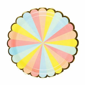 Pastel Rainbow Candy Stripe gold edging Large Paper Plates 23cm 8pk