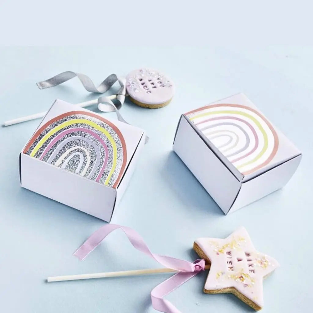Pastel rainbow favour boxes for unicorn, fairy and rainbow birthday parties