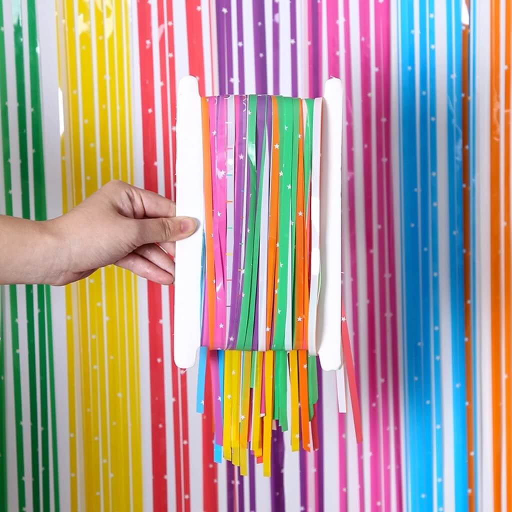 Pastel Rainbow with White Star Foil Fringe Rain Party Curtain – Foil Fringe Backdrop