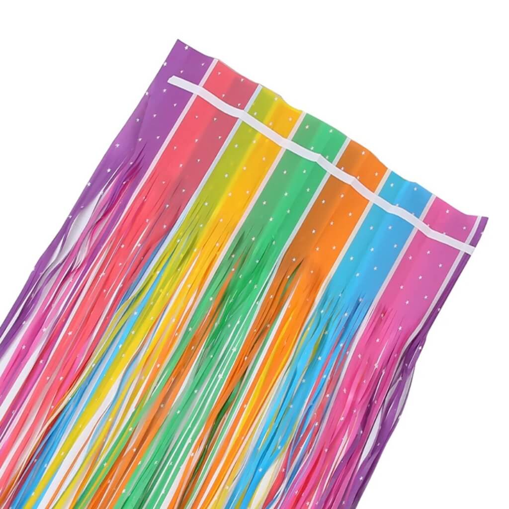 Pastel Rainbow with White Star Foil Fringe Rain Party Curtain – Foil Fringe Backdrop
