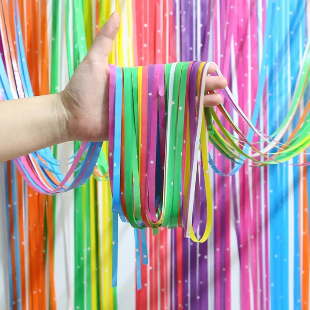 Pastel Rainbow with White Star Foil Fringe Rain Party Curtain – Foil Fringe Backdrop