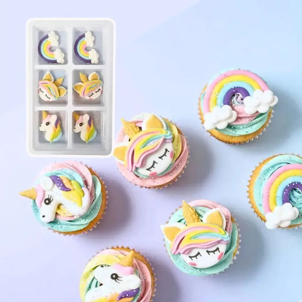 Pastel unicorn and rainbow sugar decorations for cakes and cupcakes