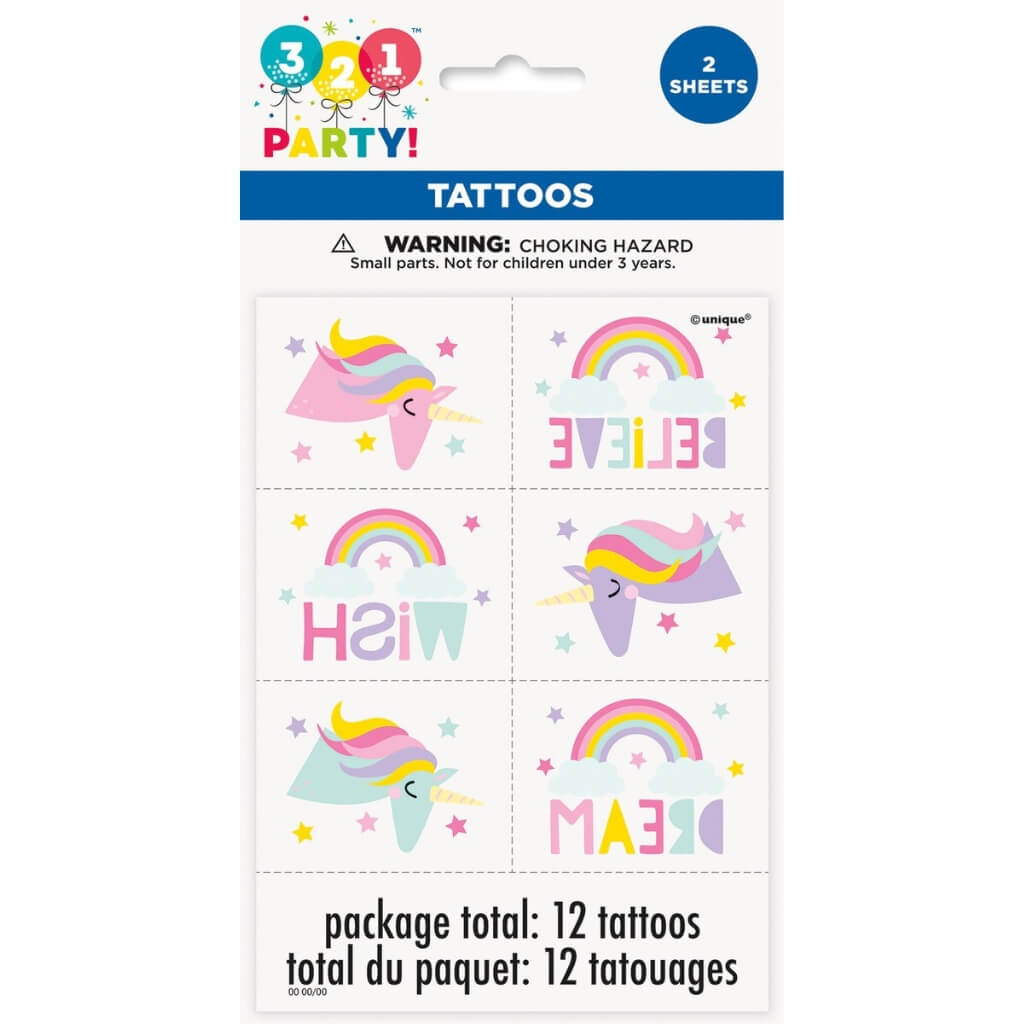 Pastel Unicorn Temporary Tattoos 12pk girls birthday party favours supplies