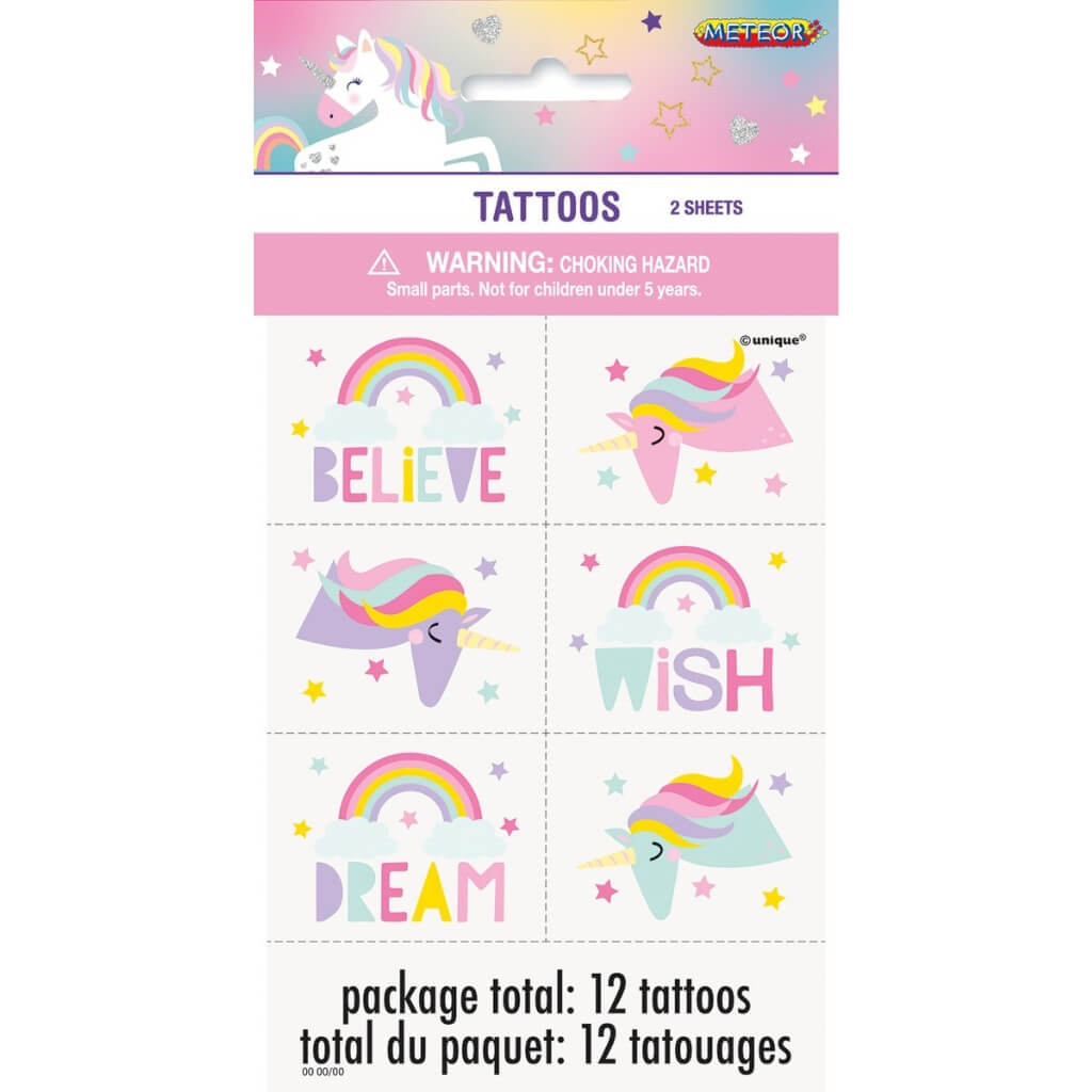 Pastel Unicorn Temporary Tattoos 12pk girls birthday party favours supplies