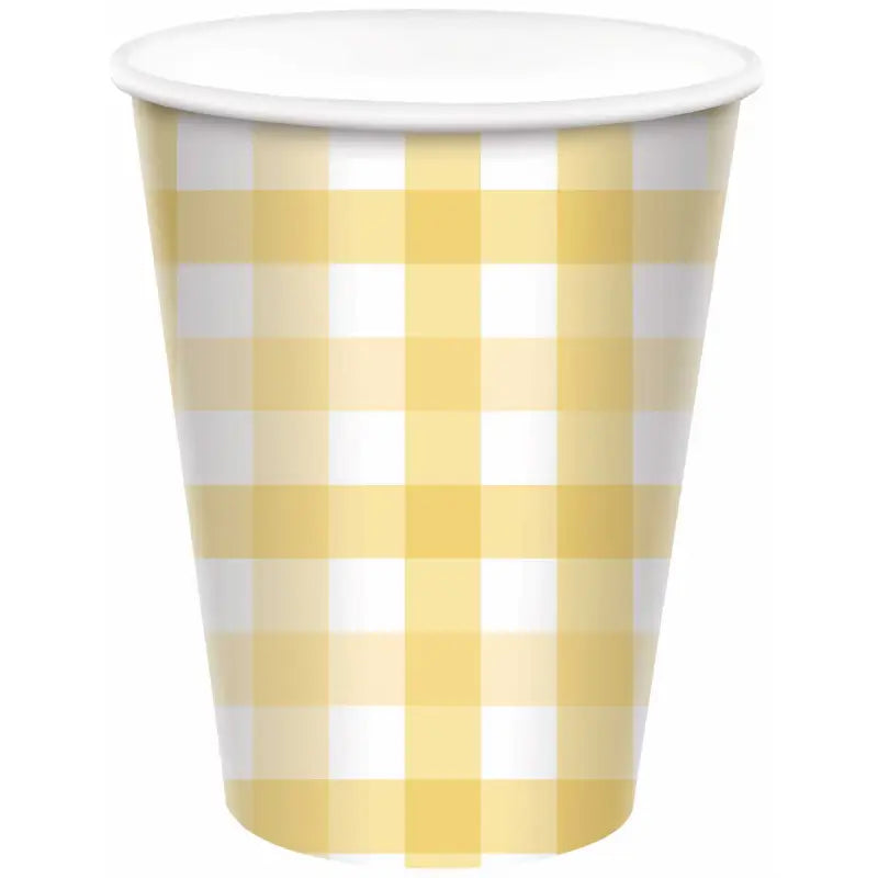 Pastel Yellow Gingham Paper Cups 266ml 8pk