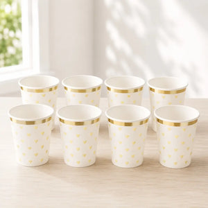Pastel yellow heart paper cups with gold foil rim