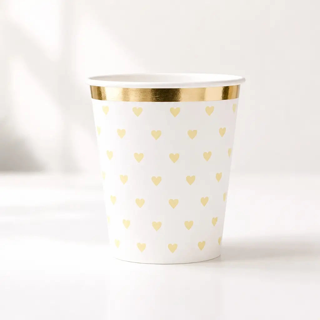 Pastel yellow heart paper cups with gold foil rim