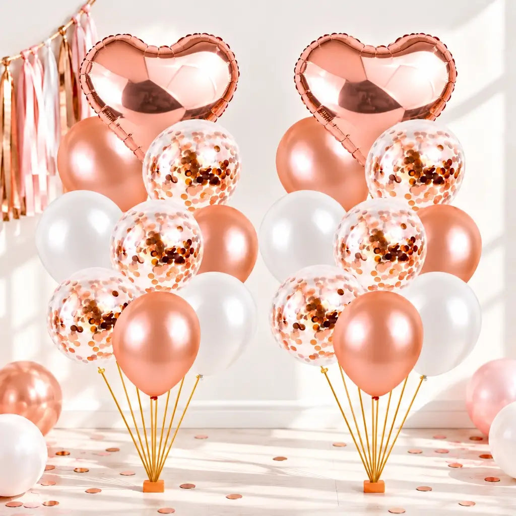 Pearl White Rose Gold Confetti Heart Balloon Bouquet 18pk