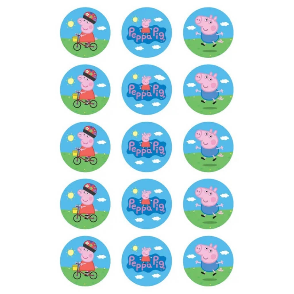 Peppa Pig edible cupcake toppers with 15 pre-cut 5cm icing images.