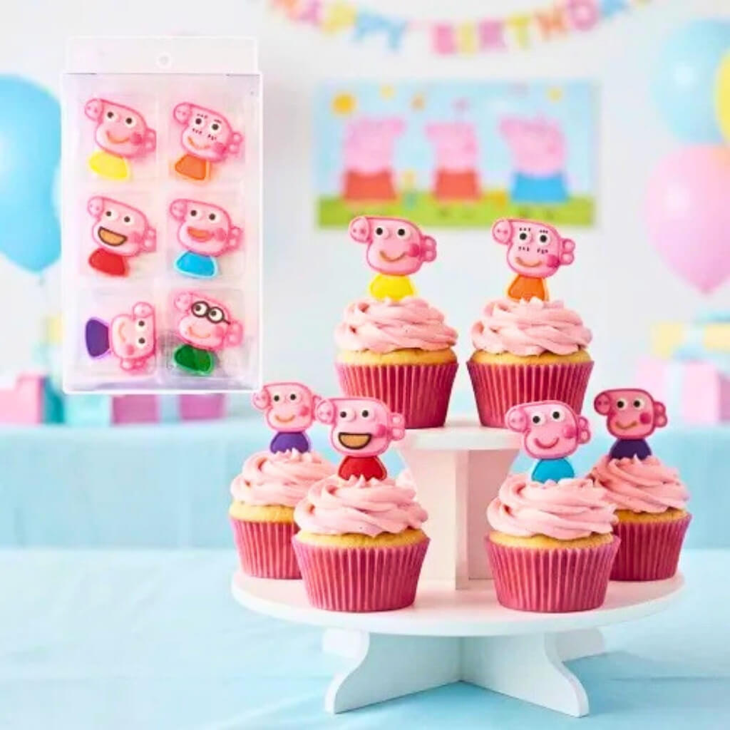 Peppa Pig edible sugar decorations with six assorted character designs for cakes and cupcakes.