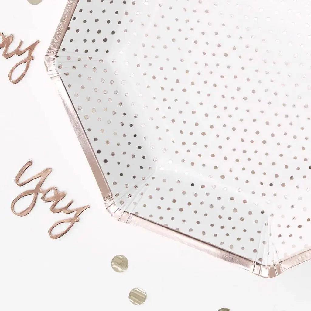 Spotty Print Rose Gold Polka Dot Hexagonal Paper Plates 8pk