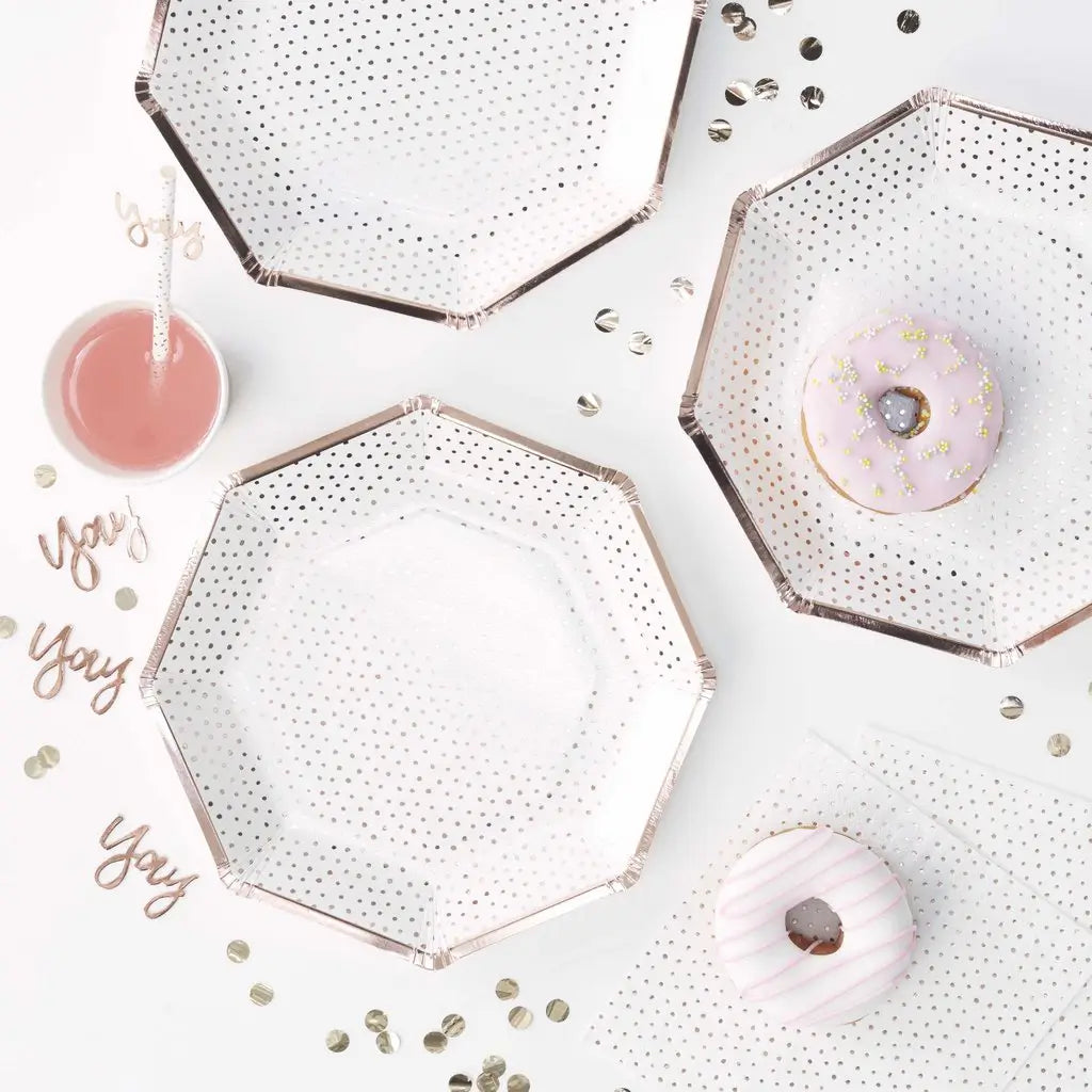 Spotty Print Rose Gold Polka Dot Hexagonal Paper Plates 8pk