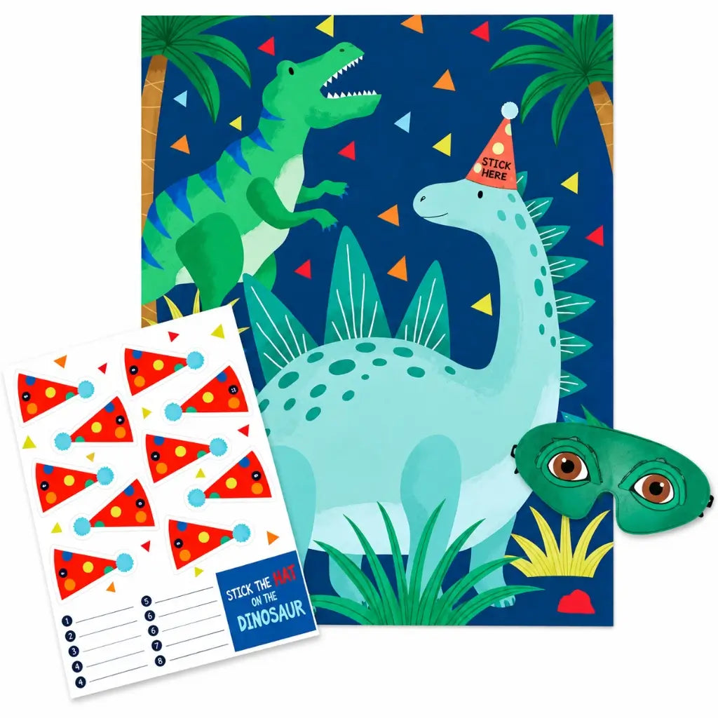 Pin the Hat on the Dinosaur party game with poster, stickers and blindfold