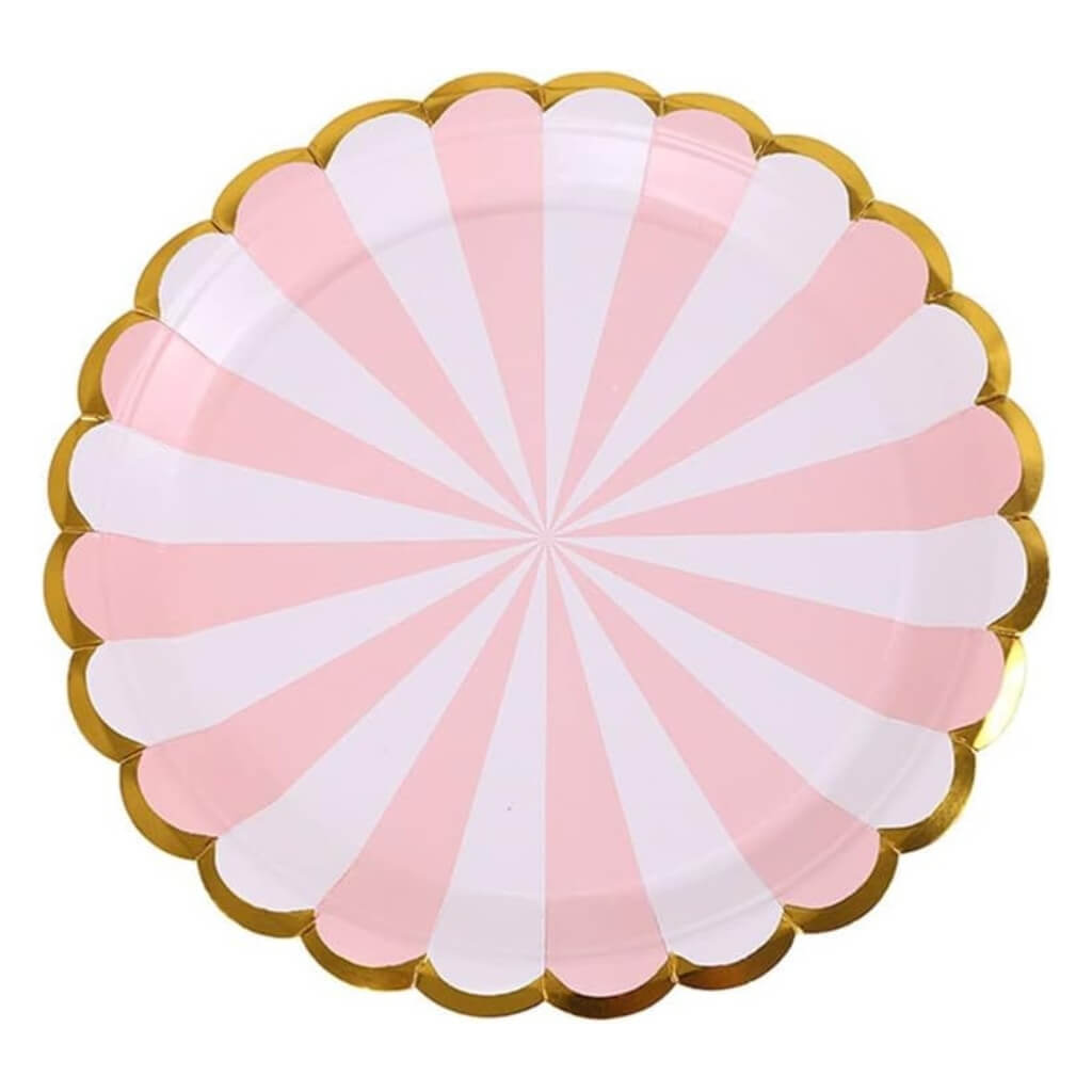 Pink & White Striped Scalloped Plates with Gold Trim 9in 10pk