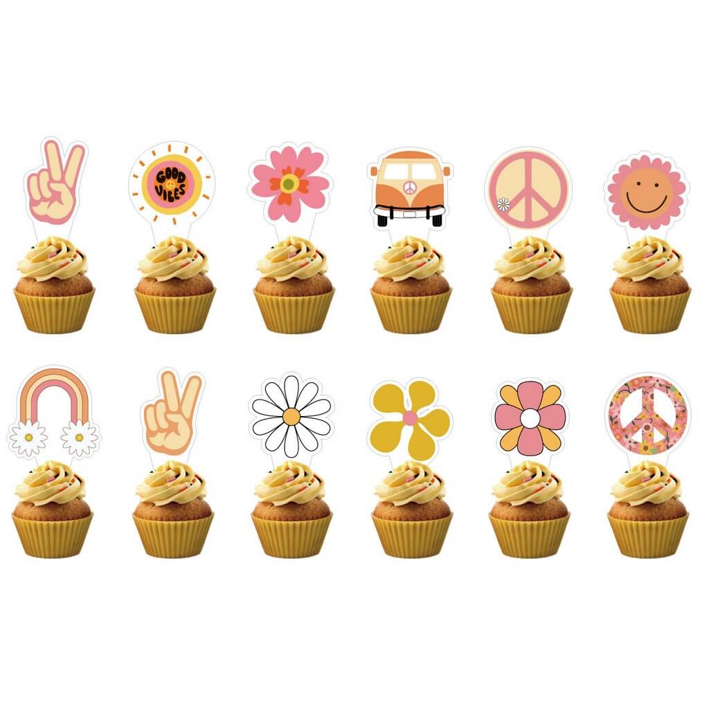 Hippie Groovy Birthday Cupcake Pick 12 Pack