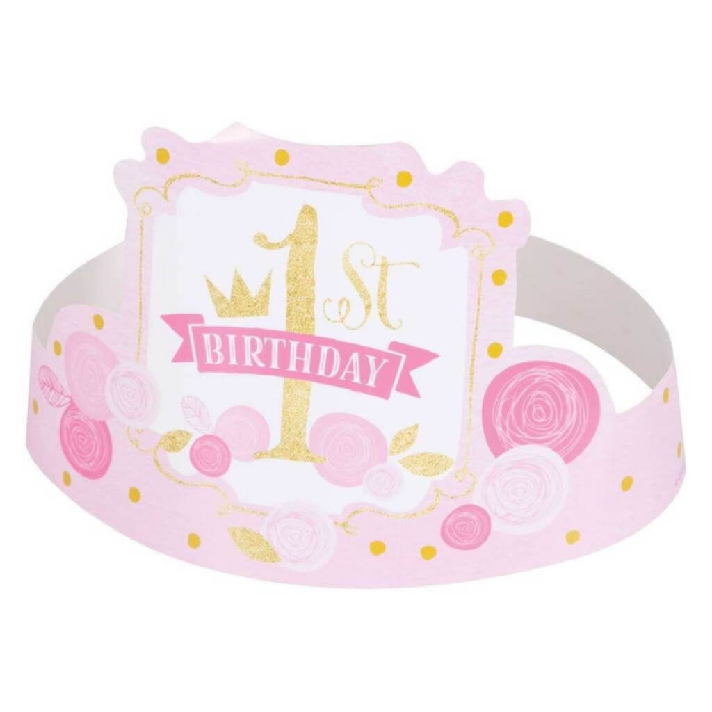 Pink & Gold 1st Birthday tiara shaped Party Hats 6pk