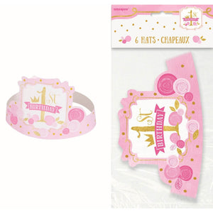 Pink & Gold 1st Birthday tiara shaped Party Hats 6pk
