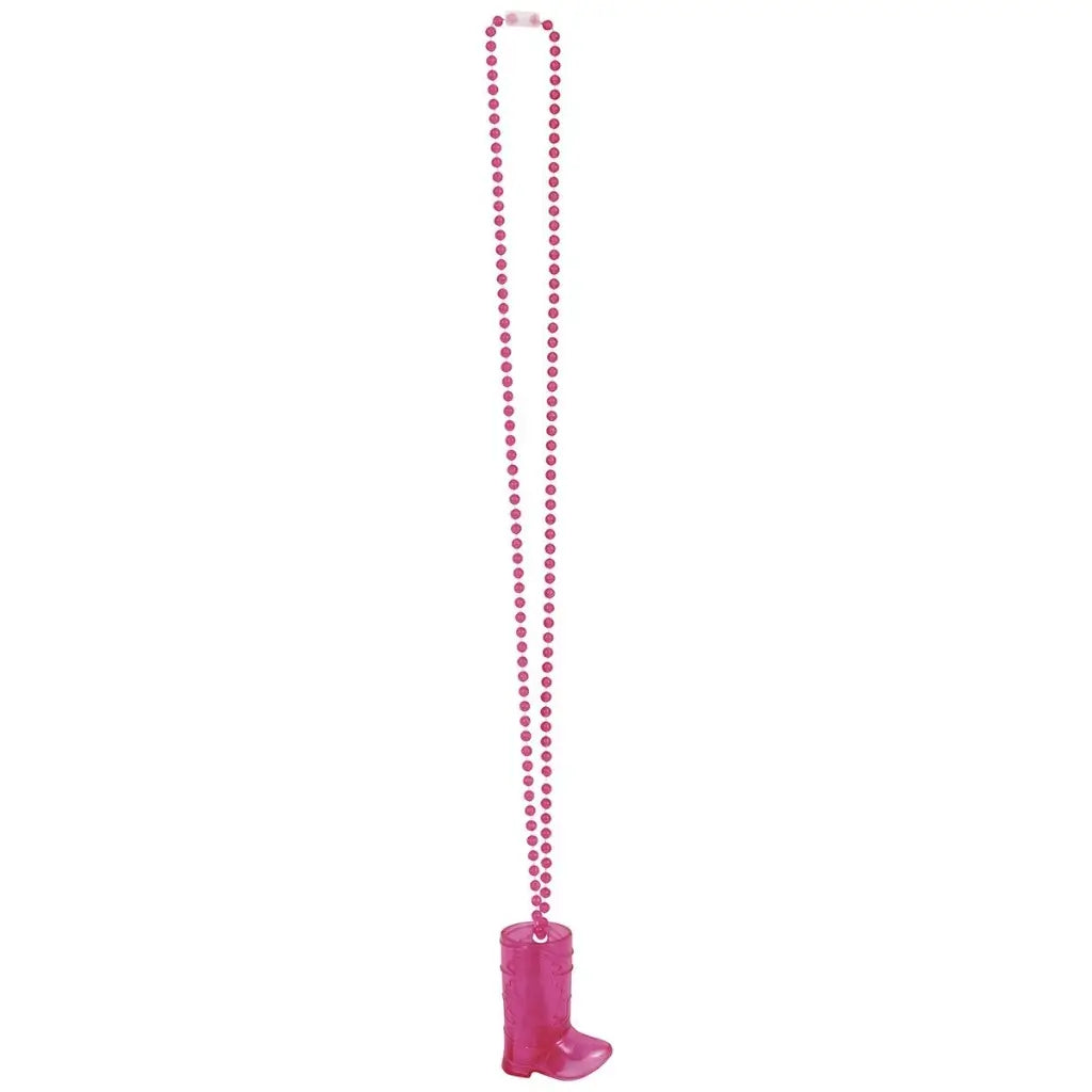 Pink bead necklace with boot-shaped shot glass 24ml – fun hens night party accessory