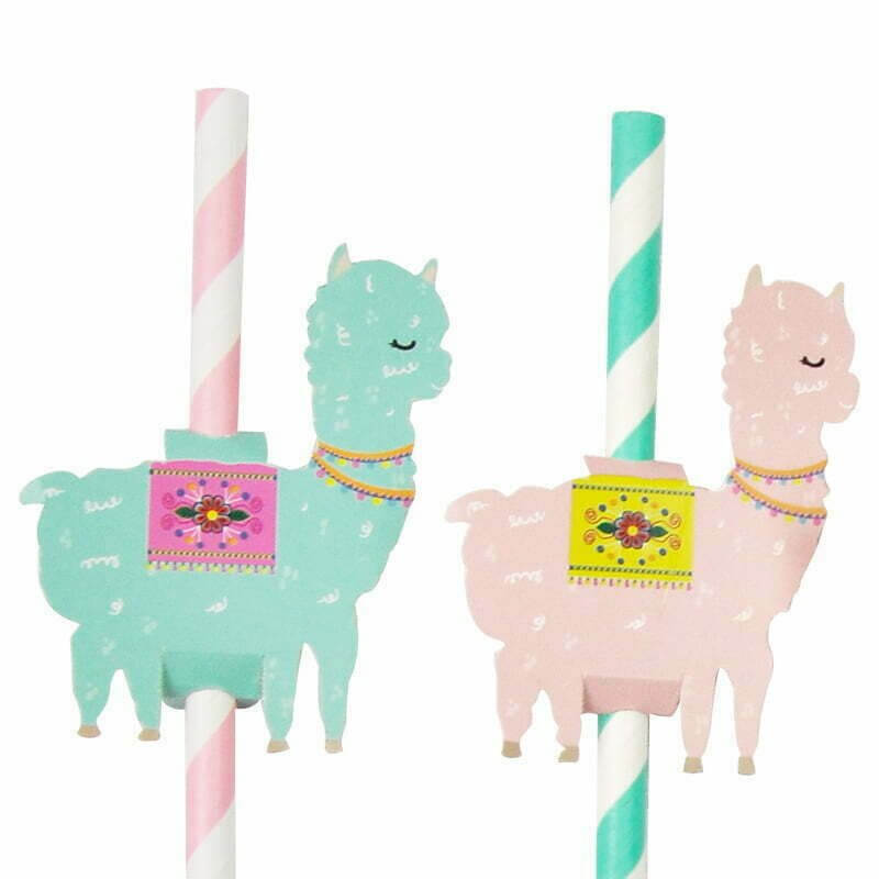 Blue & Pink Llama Paper Party Straws 8 Pack