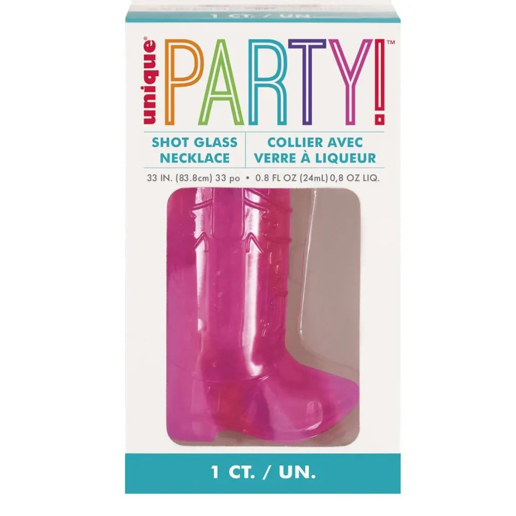 Pink bead necklace with boot-shaped shot glass 24ml – fun hens night party accessory