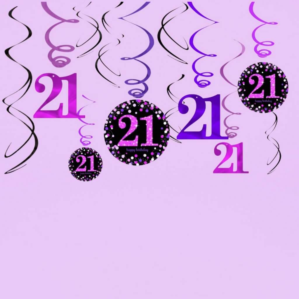 Pink Celebration Age 21 Swirls Hanging Decorations 12pk