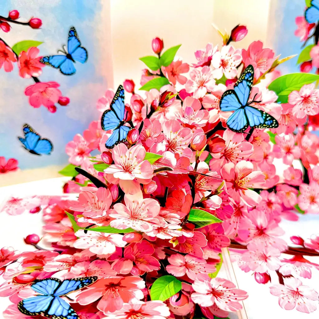 Pink cherry blossom garden with blue butterflies 3D pop-up greeting card
