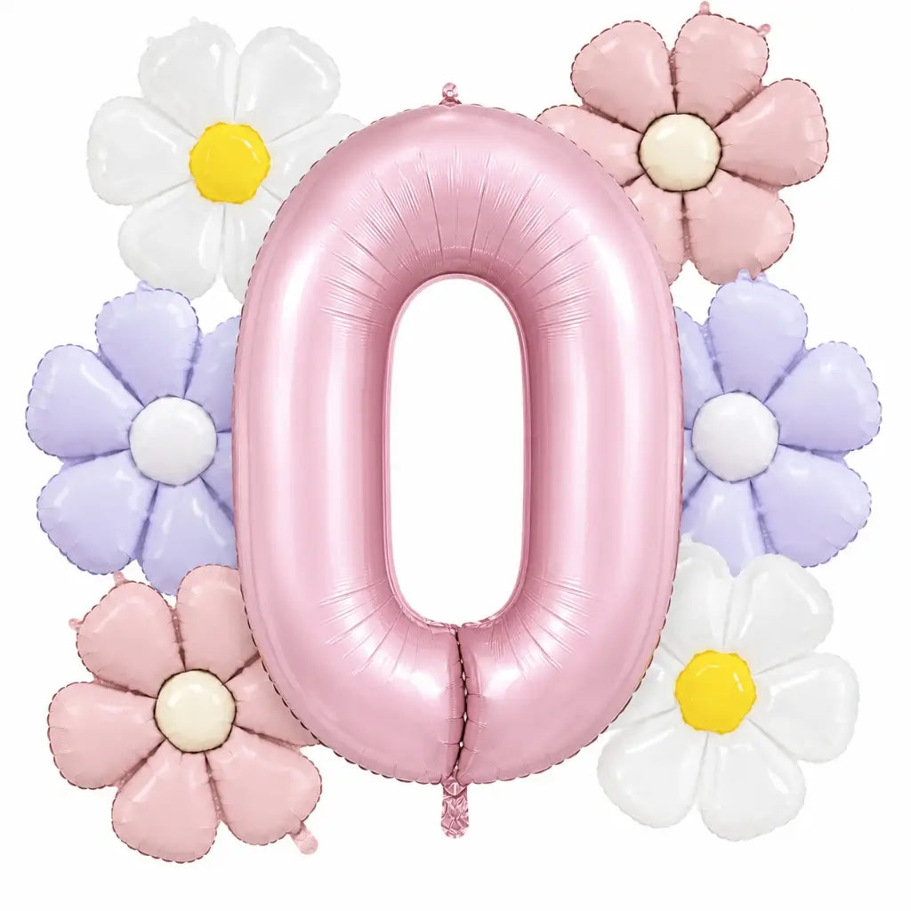 Assorted Daisy and Jumbo Pink Number Foil Balloon Bundle 7pk for Birthday Party