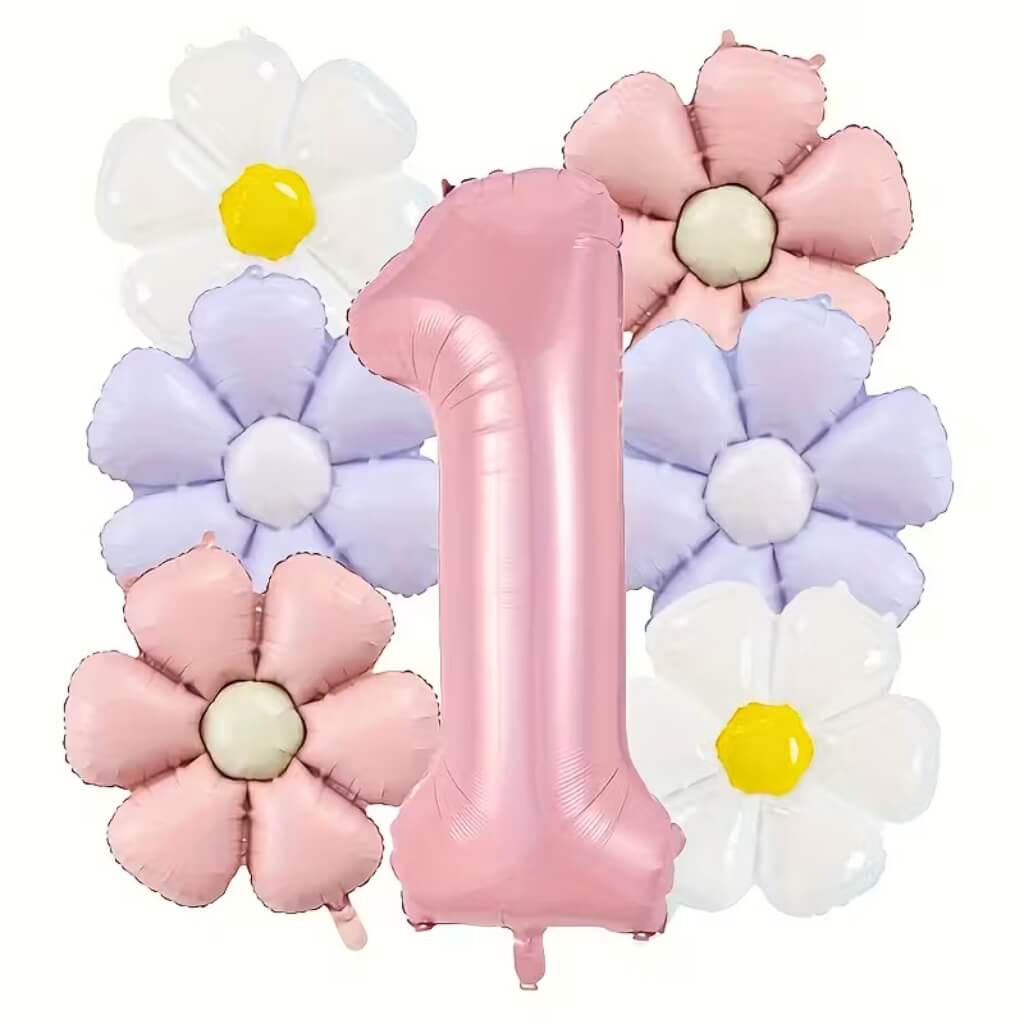 Assorted Daisy and Jumbo Pink Number Foil Balloon Bundle 7pk for Birthday Party