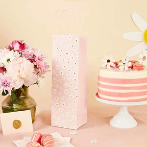 Pink daisy patterned bottle gift bag for birthdays, weddings, or parties