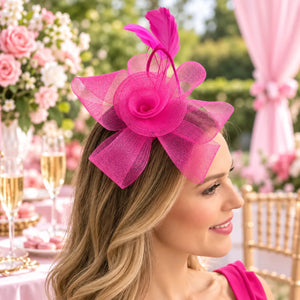 Fuchsia mesh rose fascinator headband for race day outfits