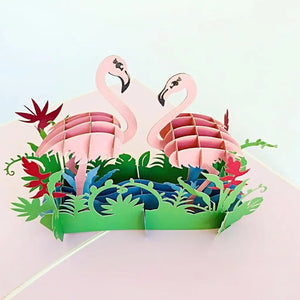 Pink Flamingo Couple in Tropical Garden 3D Pop Up Card